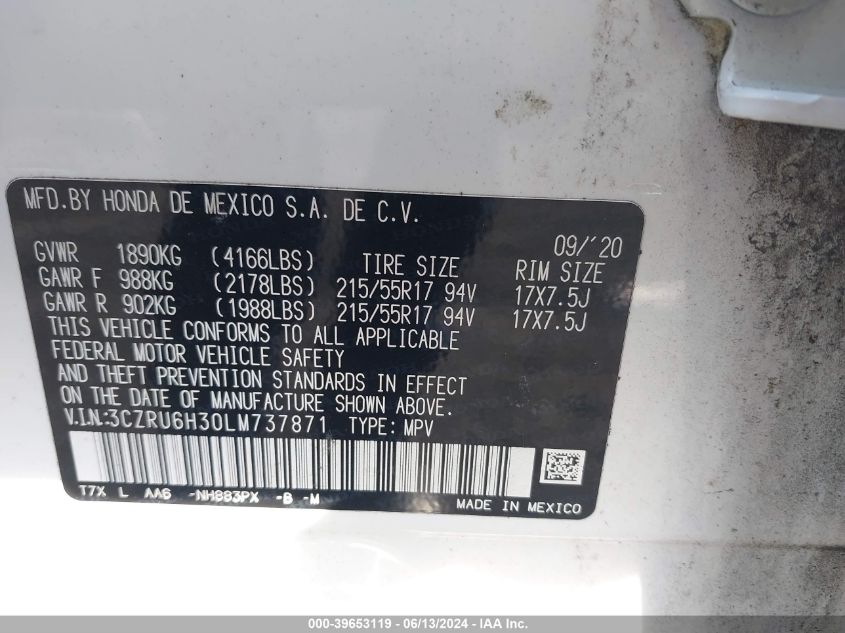 2020 Honda Hr-V Lx VIN: 3CZRU6H30LM737871 Lot: 39653119