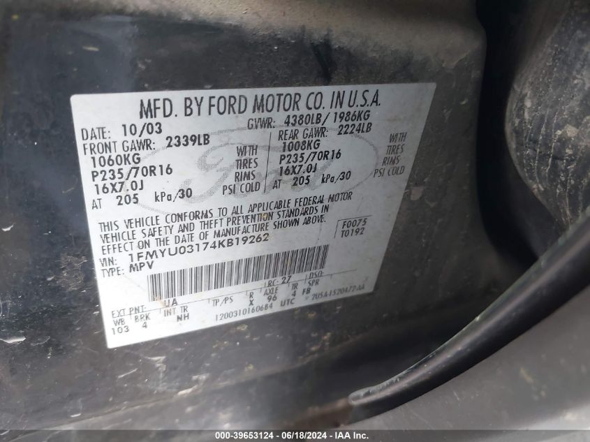 2004 Ford Escape Xlt VIN: 1FMYU03174KB19262 Lot: 39653124