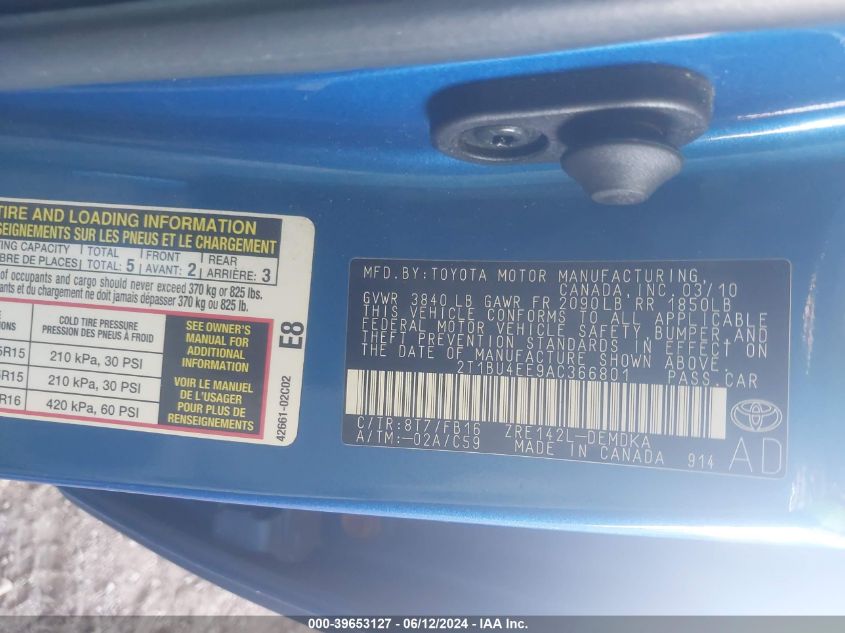 2010 Toyota Corolla VIN: 2T1BU4EE9AC366801 Lot: 39653127