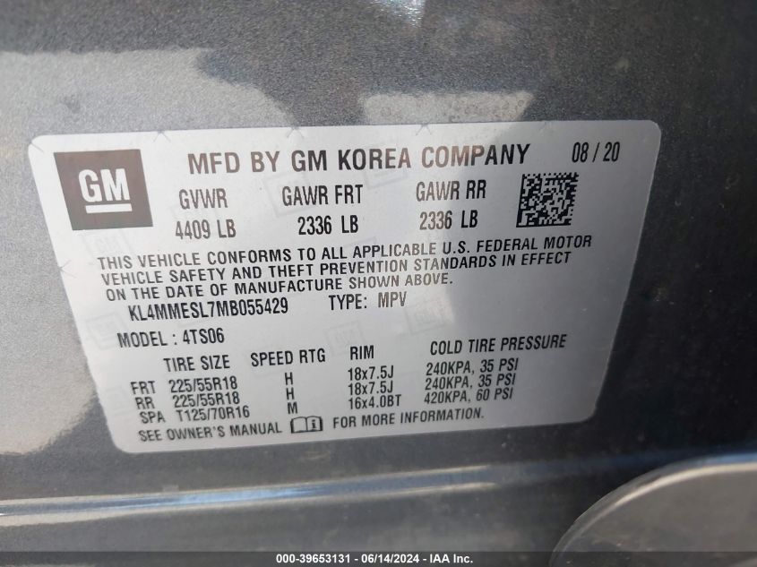 2021 Buick Encore Gx Awd Select VIN: KL4MMESL7MB055429 Lot: 39653131