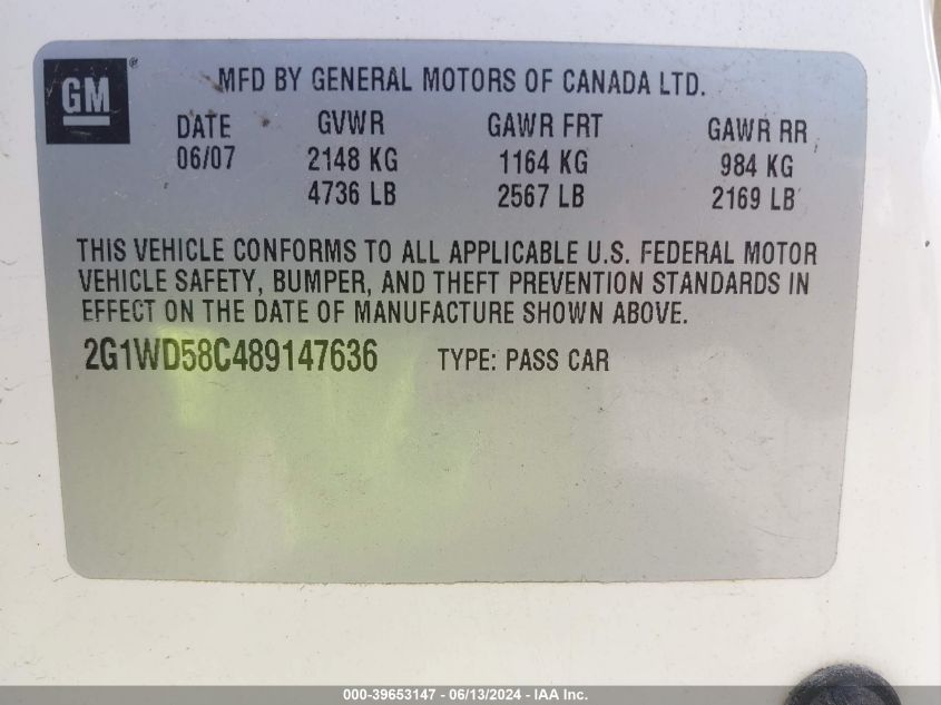 2008 Chevrolet Impala Ss VIN: 2G1WD58C489147636 Lot: 39653147