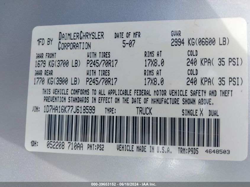 2007 Dodge Ram 1500 St VIN: 1D7HA16K77J618599 Lot: 39653152