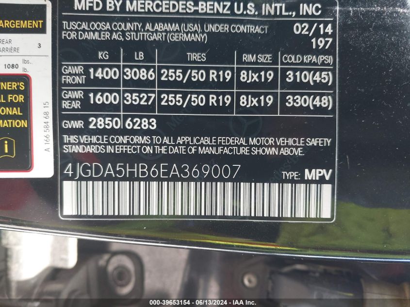 2014 Mercedes-Benz Ml 350 4Matic VIN: 4JGDA5HB6EA369007 Lot: 39653154