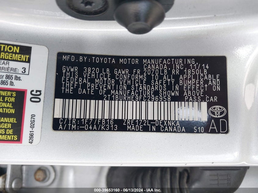 2015 Toyota Corolla Le VIN: 2T1BURHE9FC296958 Lot: 39653160