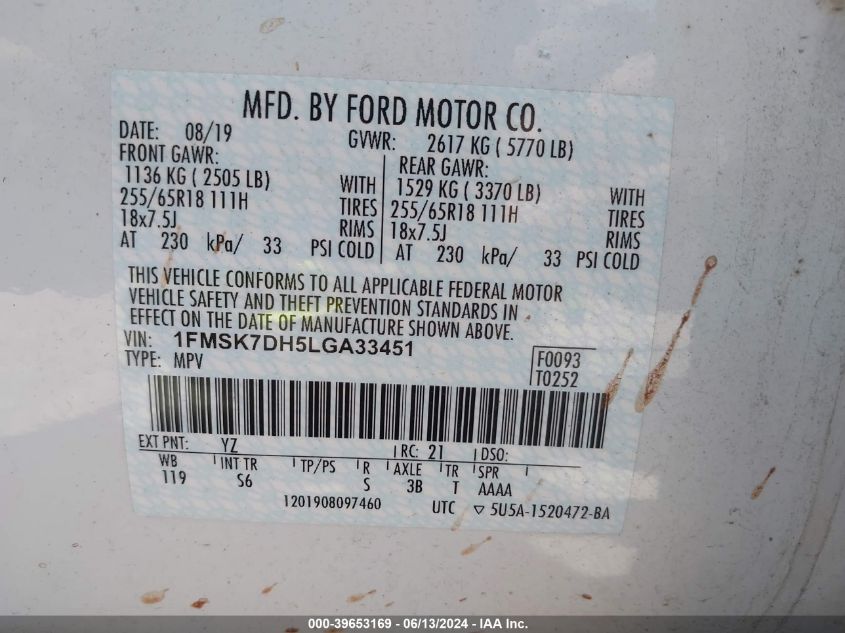 2020 Ford Explorer Xlt VIN: 1FMSK7DH5LGA33451 Lot: 39653169