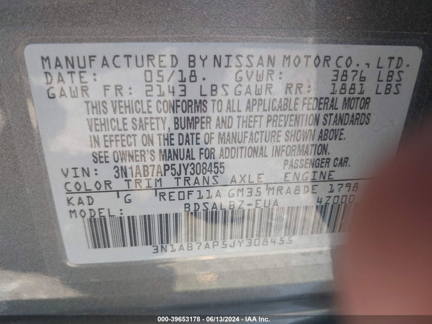 2018 Nissan Sentra S VIN: 3N1AB7AP5JY308455 Lot: 39653178