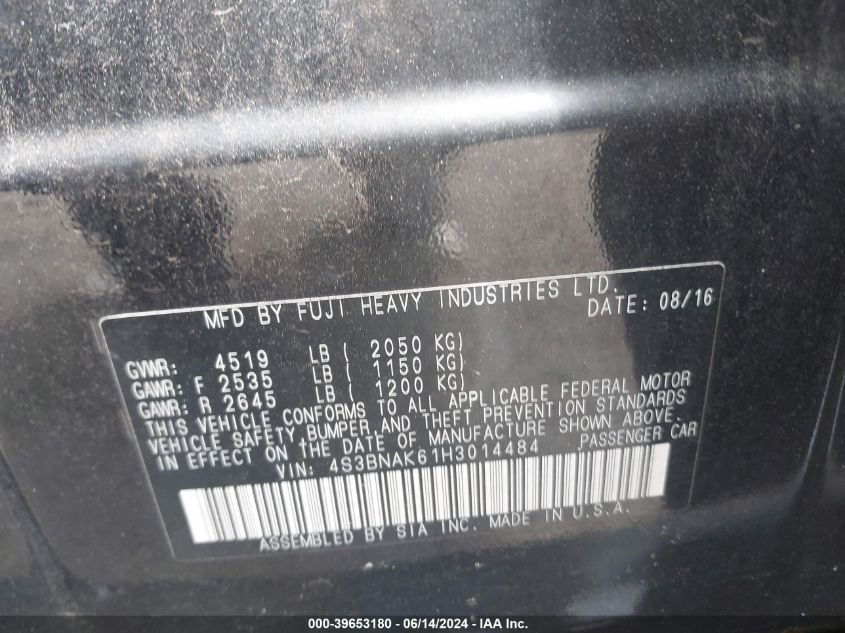 2017 Subaru Legacy 2.5I Limited VIN: 4S3BNAK61H3014484 Lot: 39653180