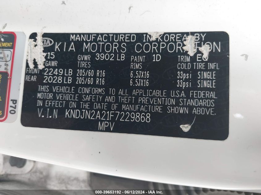 2015 Kia Soul VIN: KNDJN2A21F7229868 Lot: 39653192