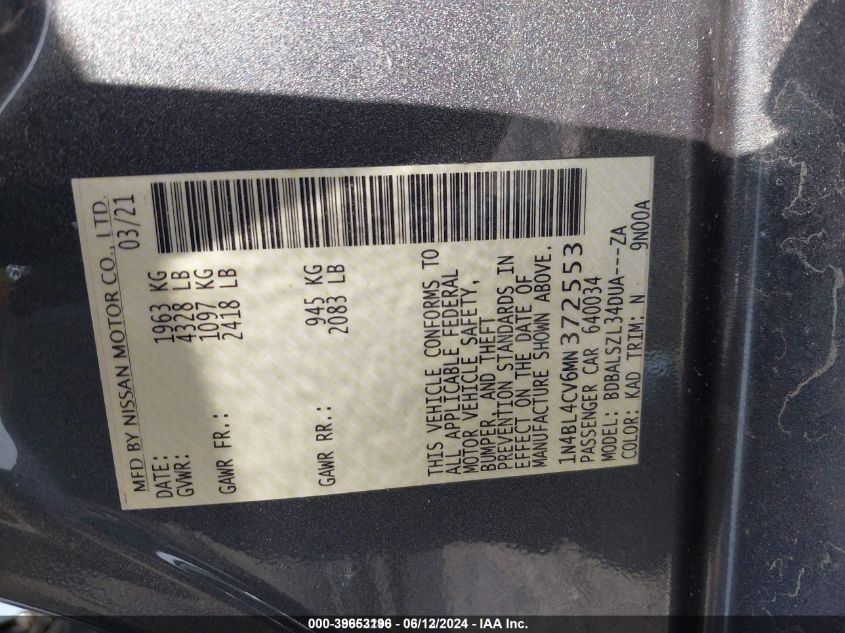 2021 Nissan Altima Sr Fwd VIN: 1N4BL4CV6MN372553 Lot: 39653196