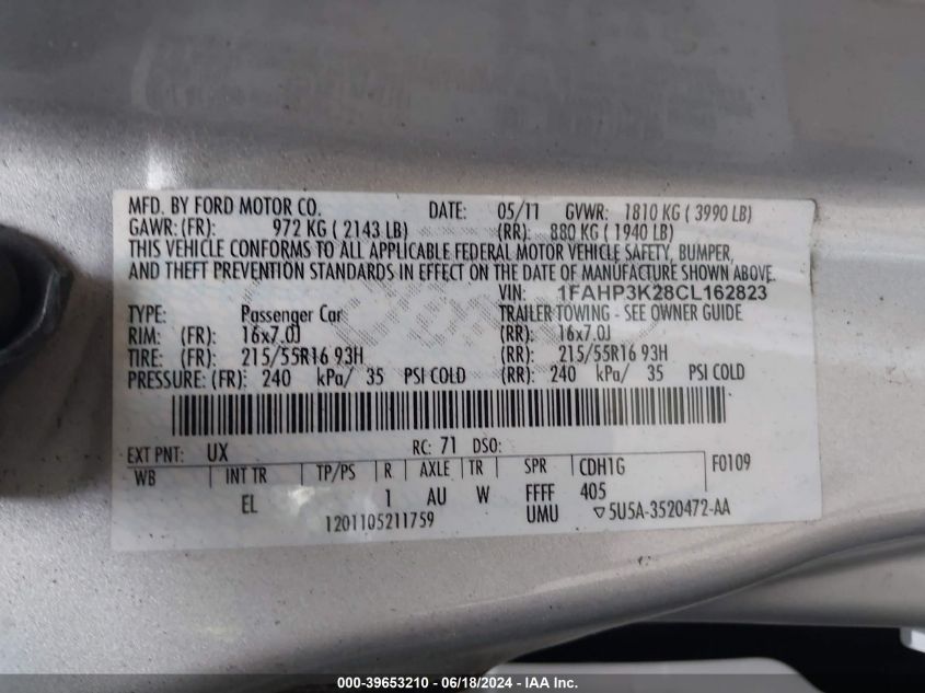 2012 Ford Focus Se VIN: 1FAHP3K28CL162823 Lot: 39653210