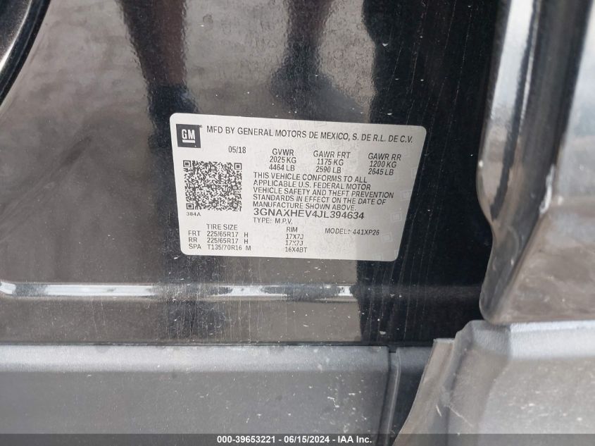 2018 Chevrolet Equinox Ls VIN: 3GNAXHEV4JL394634 Lot: 39653221