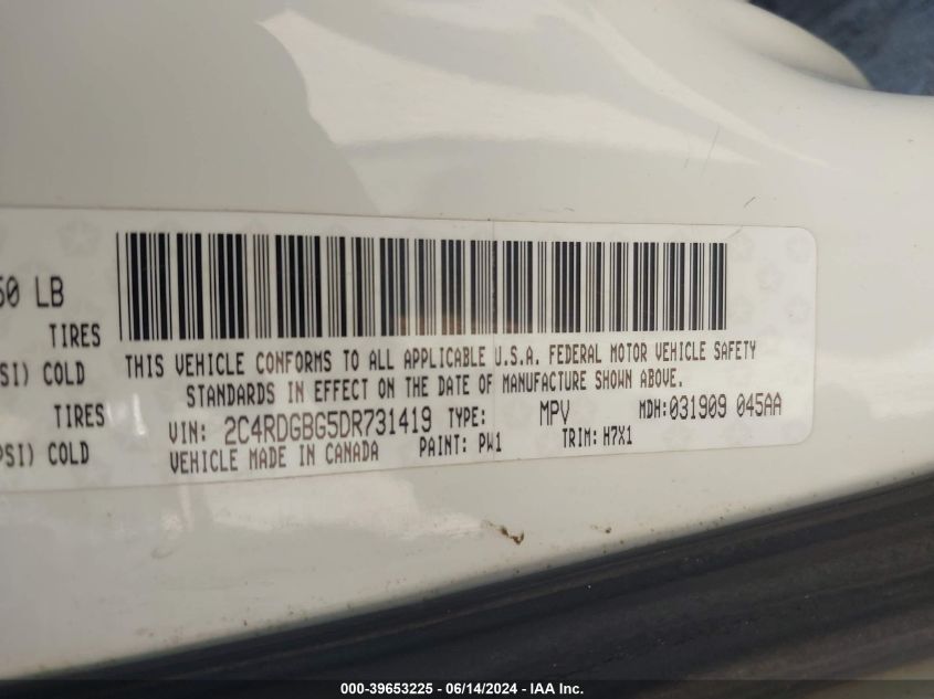 2013 Dodge Grand Caravan Se VIN: 2C4RDGBG5DR731419 Lot: 39653225