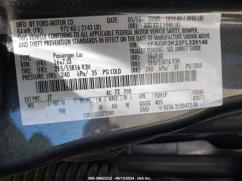 2015 Ford Focus Se VIN: 1FADP3K22FL326148 Lot: 39653232