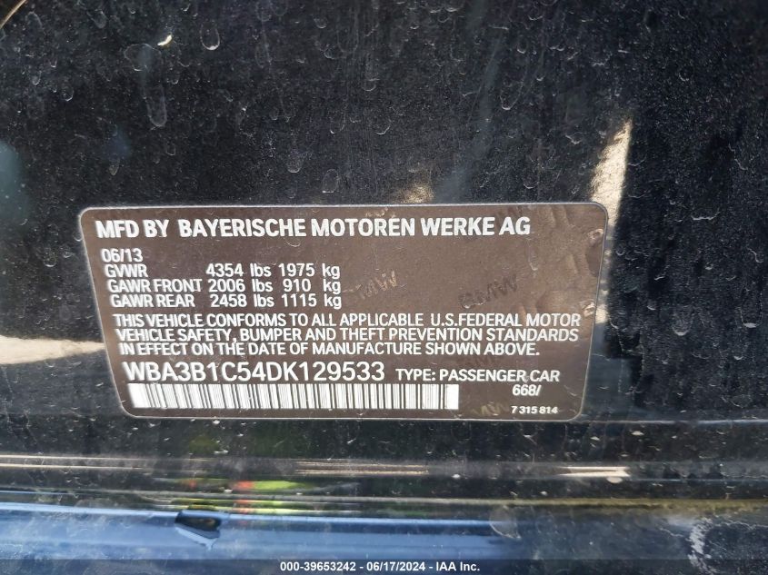 2013 BMW 320I VIN: WBA3B1C54DK129533 Lot: 39653242