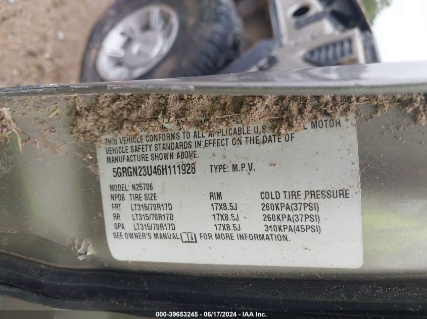 2006 Hummer H2 Suv VIN: 5GRGN23U46H111928 Lot: 39653245