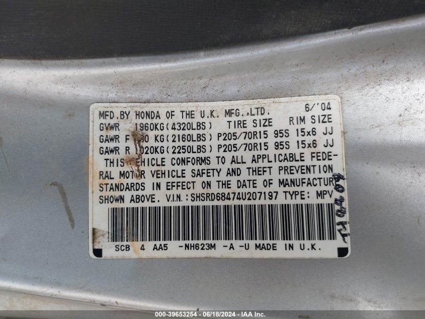 2004 Honda Cr-V Lx VIN: SHSRD68474U207197 Lot: 39653254