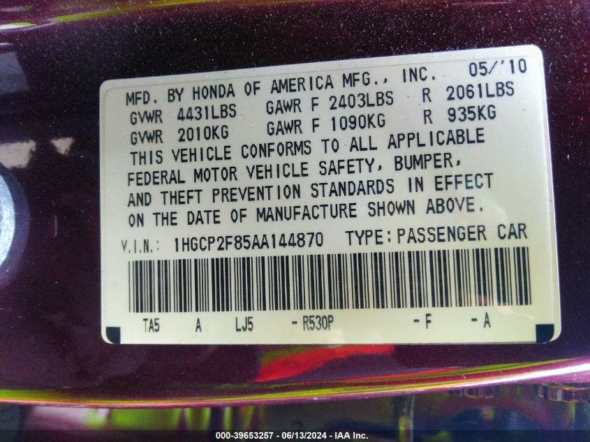 2010 Honda Accord 2.4 Ex-L VIN: 1HGCP2F85AA144870 Lot: 39653257