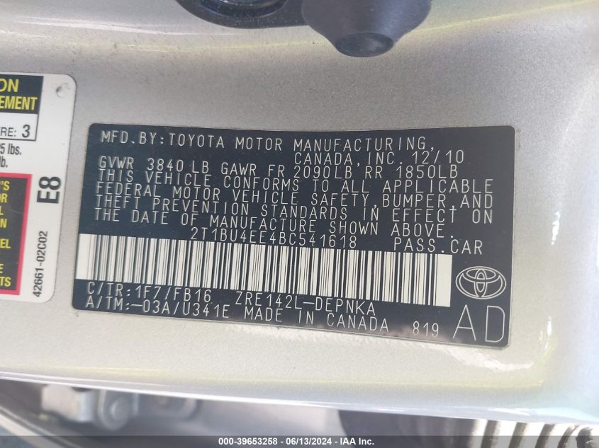 2011 Toyota Corolla Le VIN: 2T1BU4EE4BC541618 Lot: 39653258