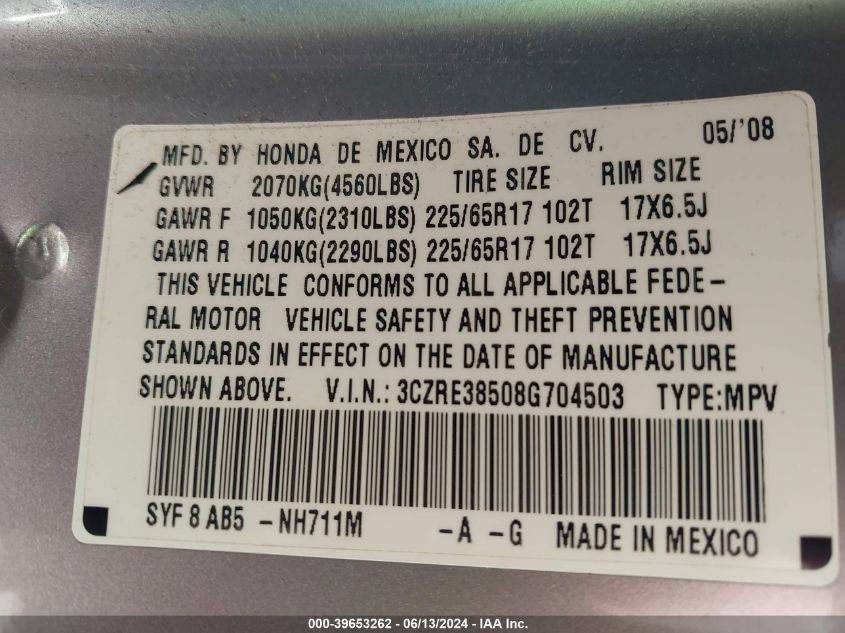 2008 Honda Cr-V Ex VIN: 3CZRE38508G704503 Lot: 39653262
