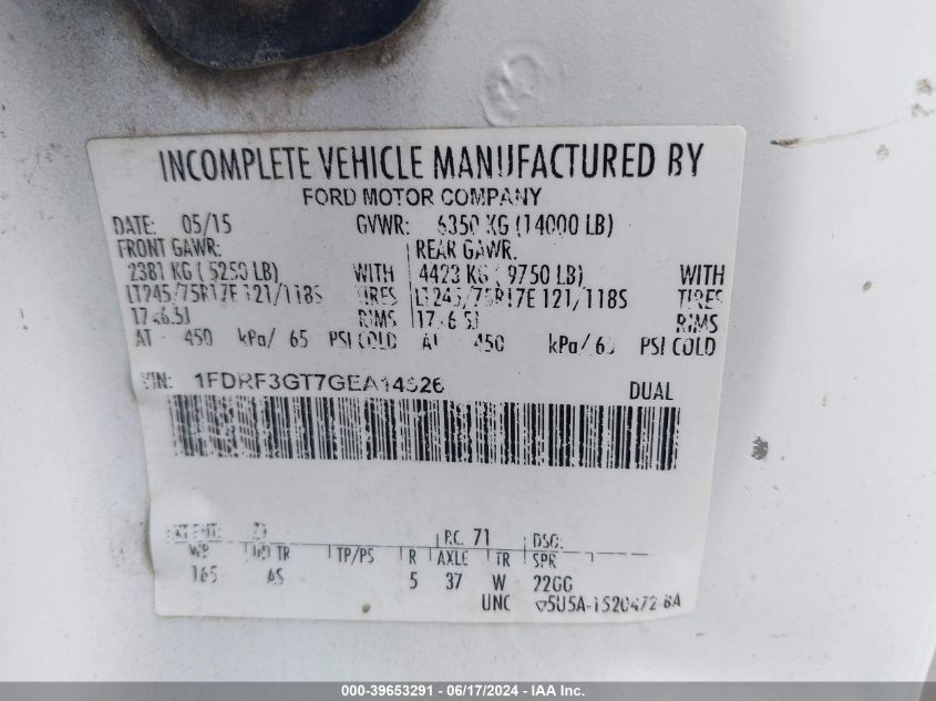 2016 Ford F-350 Chassis Xl VIN: 1FDRF3GT7GEA14526 Lot: 39653291