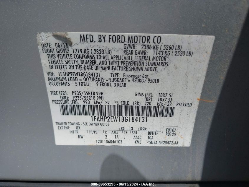 2011 Ford Taurus Sel VIN: 1FAHP2EW1BG184131 Lot: 39653295