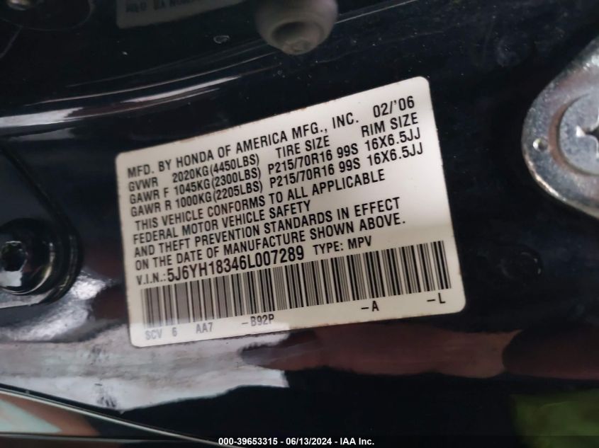 2006 Honda Element Lx VIN: 5J6YH18346L007289 Lot: 39653315