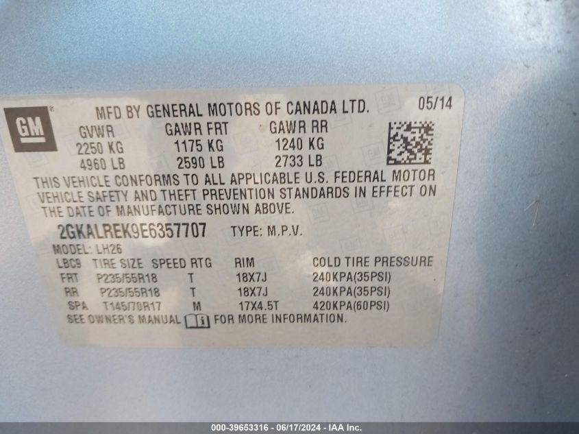 2014 GMC Terrain Sle-2 VIN: 2GKALREK9E6357707 Lot: 39653316