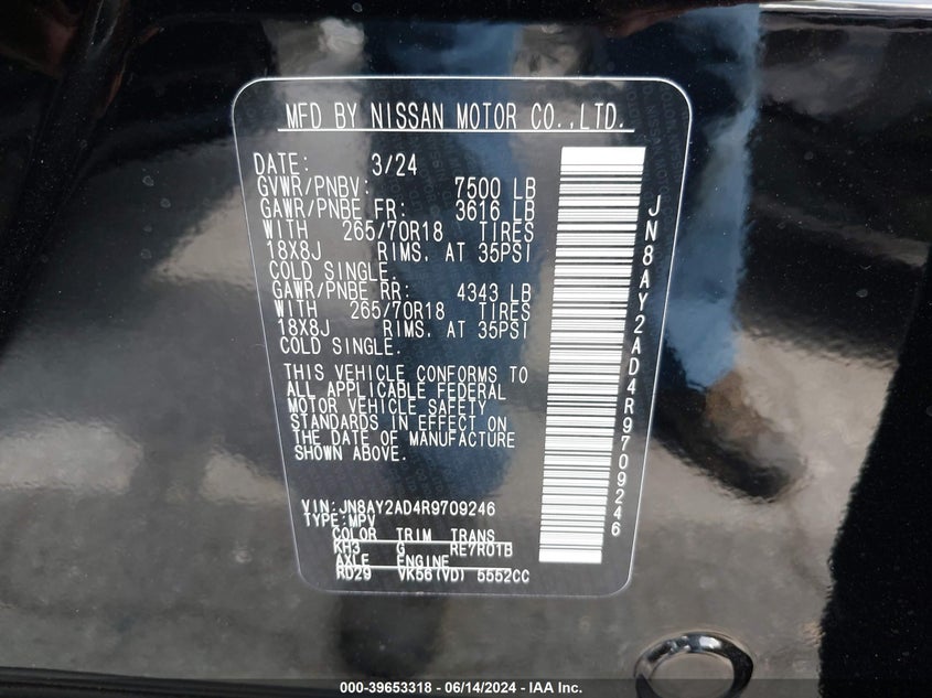 2024 Nissan Armada Sv 4Wd VIN: JN8AY2AD4R9709246 Lot: 39653318