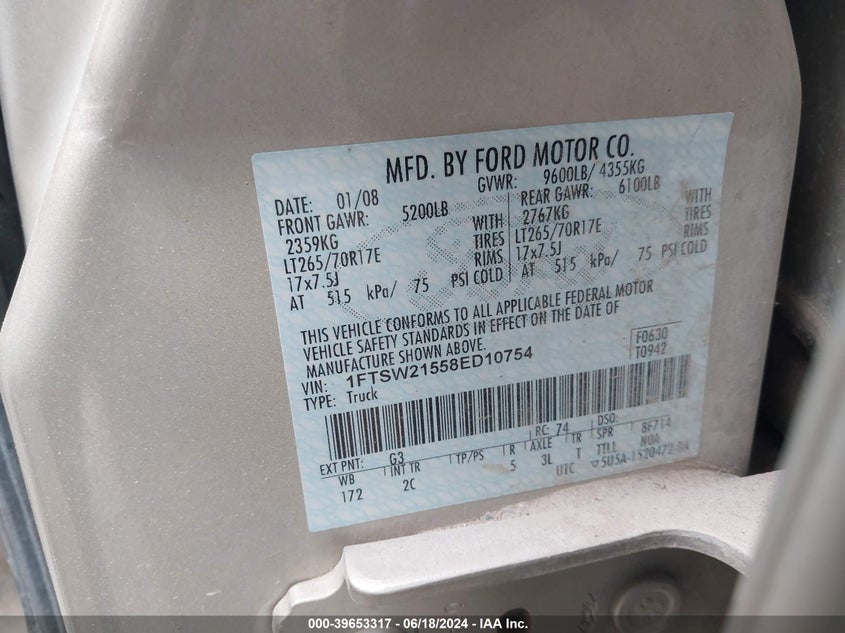 2008 Ford F250 Super Duty VIN: 1FTSW21558ED10754 Lot: 39653317