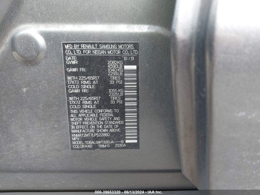VIN KNMAT2MT7LP522860 2020 NISSAN ROGUE SV FWD
