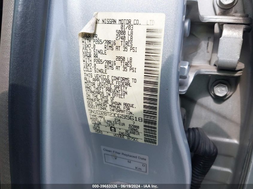 2003 Nissan Xterra Xe VIN: 5N1ED28T23C655618 Lot: 39653326