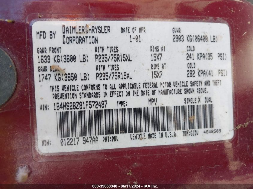 2001 Dodge Durango Slt VIN: 1B4HS28Z81F572487 Lot: 39653348