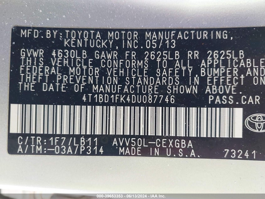 2013 Toyota Camry Hybrid Xle VIN: 4T1BD1FK4DU087746 Lot: 39653353