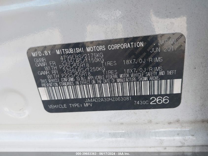 2017 Mitsubishi Outlander Es VIN: JA4AD2A30HZ063081 Lot: 39653363
