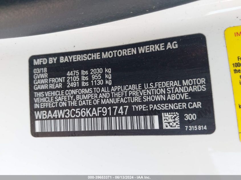 2019 BMW 430I VIN: WBA4W3C56KAF91747 Lot: 39653371