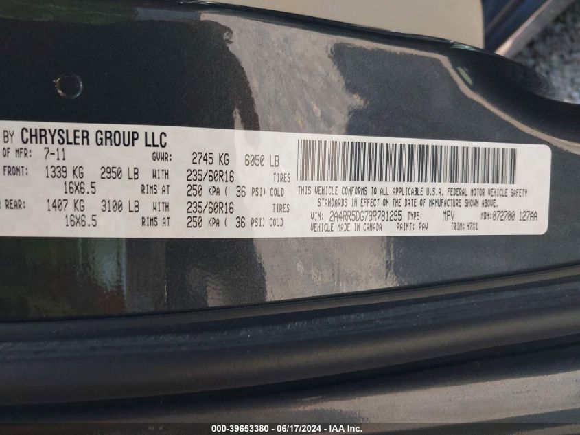 2011 Chrysler Town & Country Touring VIN: 2A4RR5DG7BR781295 Lot: 39653380