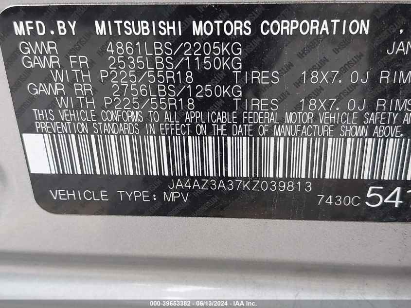 2019 Mitsubishi Outlander Sel VIN: JA4AZ3A37KZ039813 Lot: 39653382