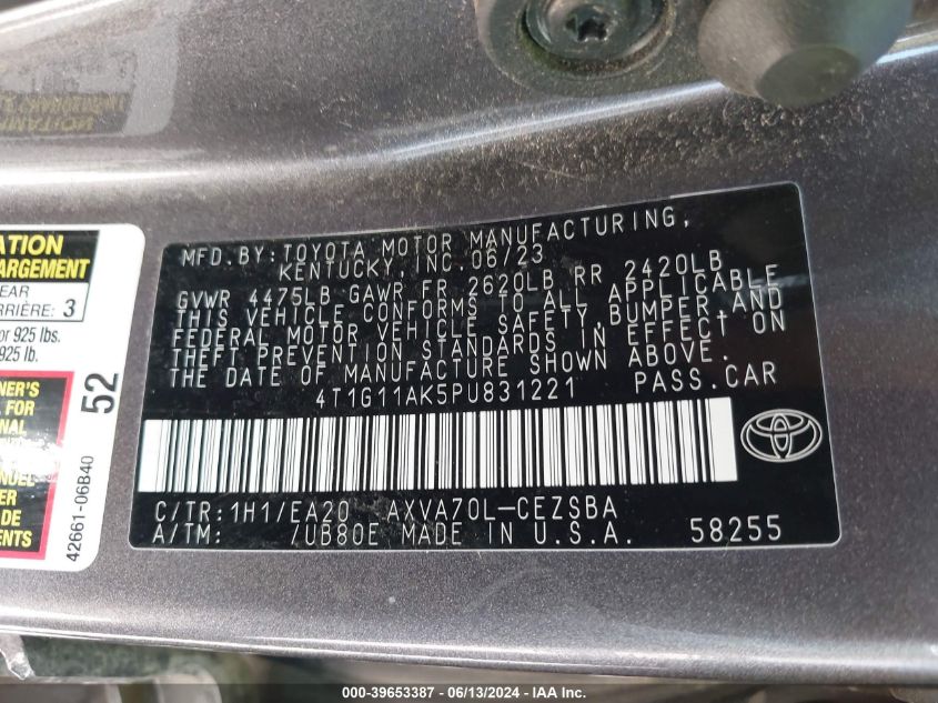 4T1G11AK5PU831221 | 2023 TOYOTA CAMRY