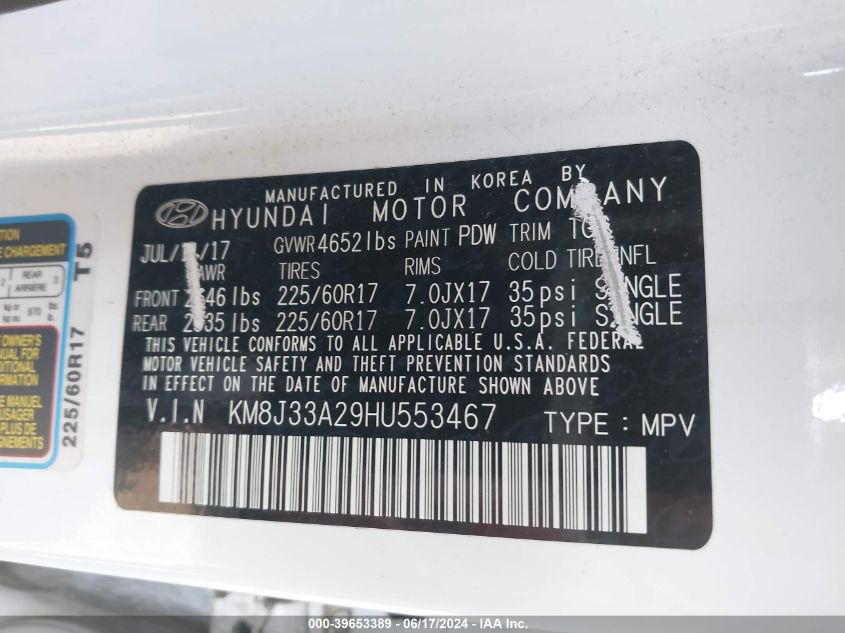 2017 Hyundai Tucson Eco VIN: KM8J33A29HU553467 Lot: 39653389