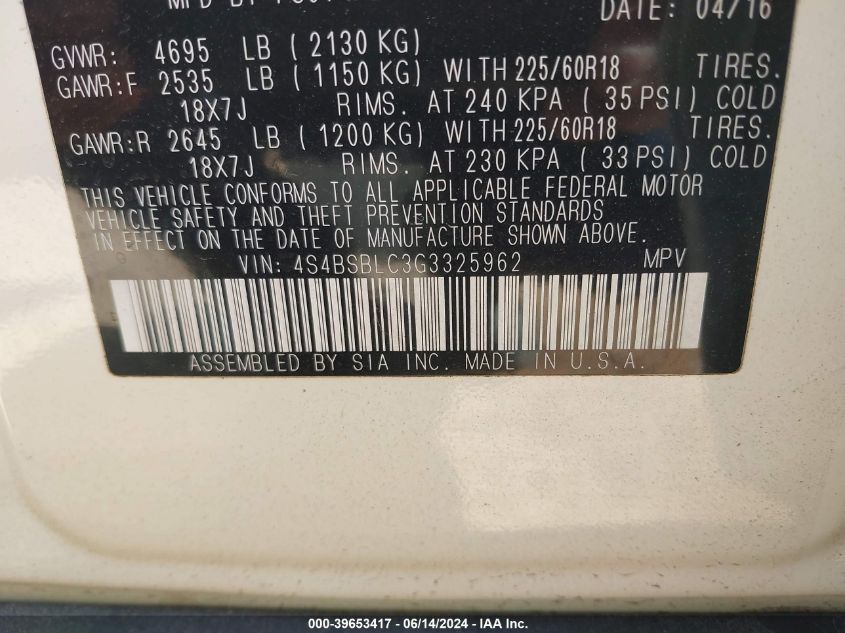 2016 Subaru Outback 2.5I Limited VIN: 4S4BSBLC3G3325962 Lot: 39653417