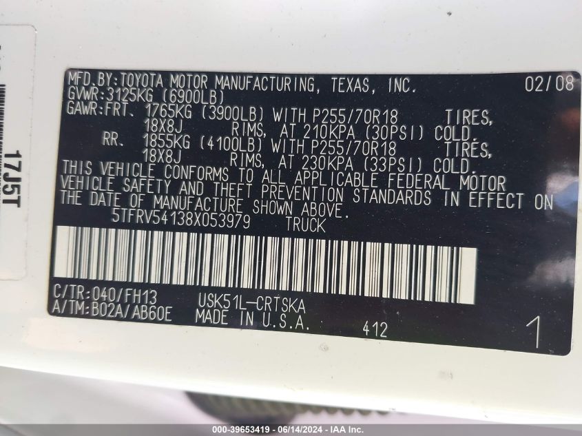 2008 Toyota Tundra Base 5.7L V8 VIN: 5TFRV54138X053979 Lot: 39653419