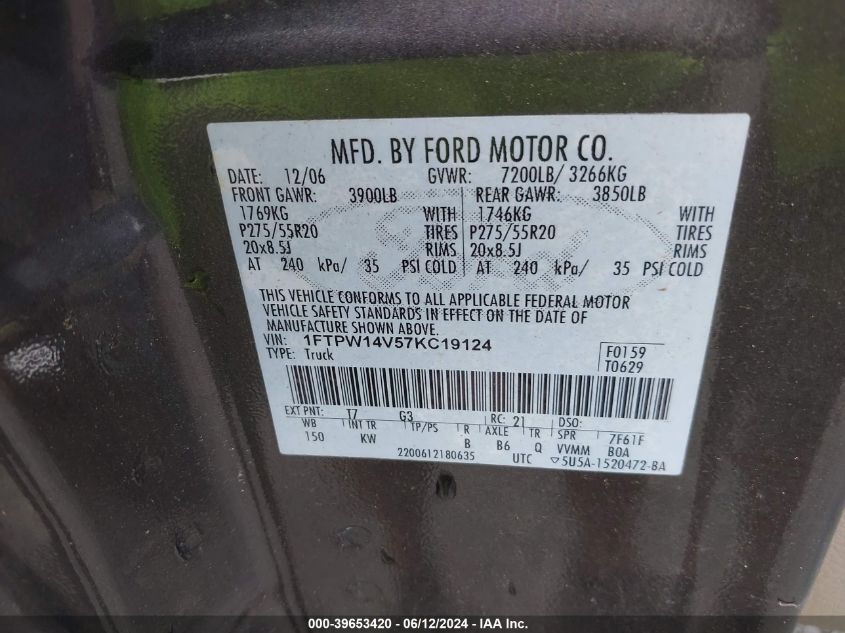 2007 Ford F-150 Fx4/Lariat/Xlt VIN: 1FTPW14V57KC19124 Lot: 39653420