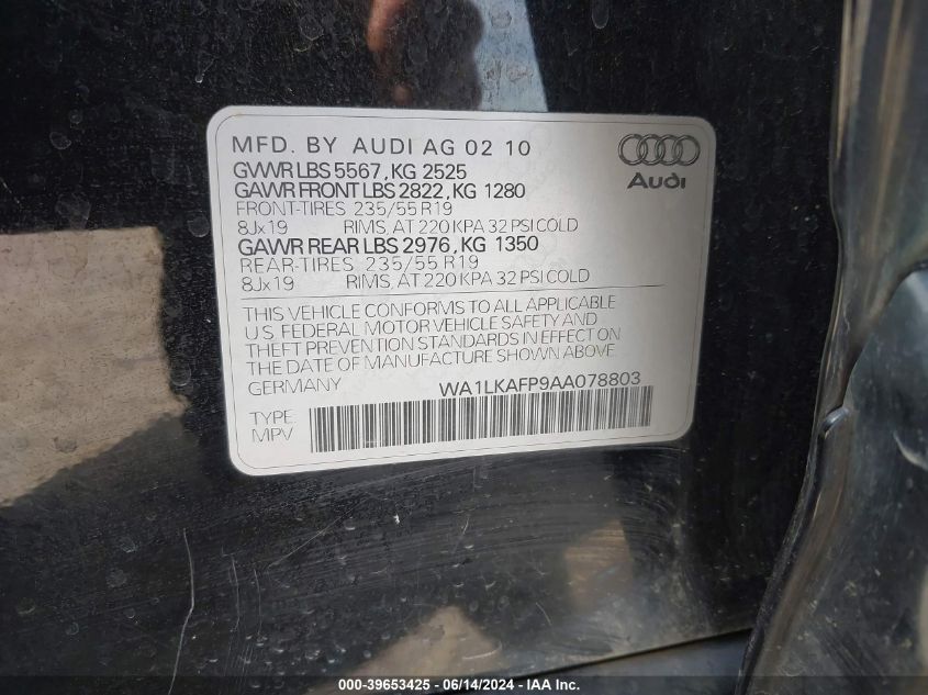 2010 Audi Q5 3.2 Premium VIN: WA1LKAFP9AA078803 Lot: 39653425