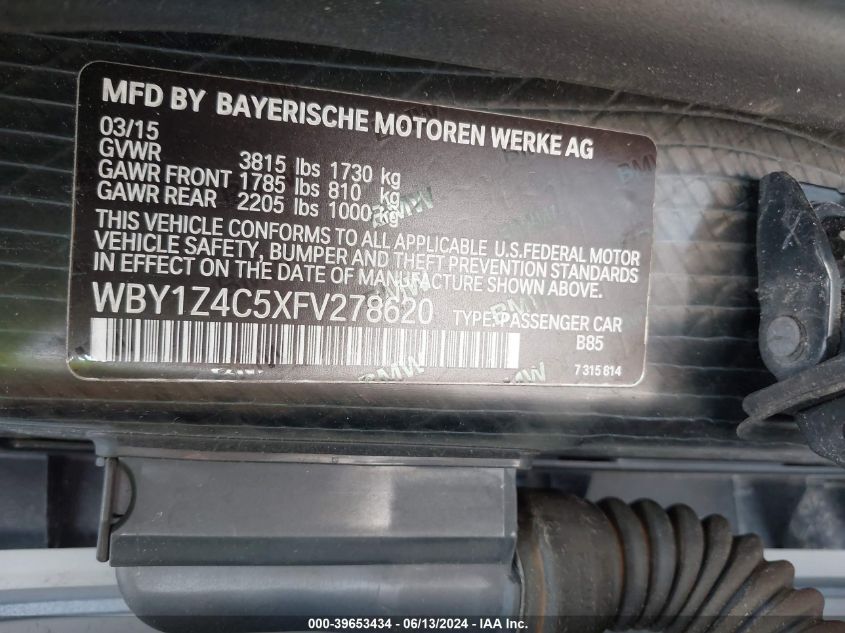 2015 BMW I3 Base W/Range Extender VIN: WBY1Z4C5XFV278620 Lot: 39653434