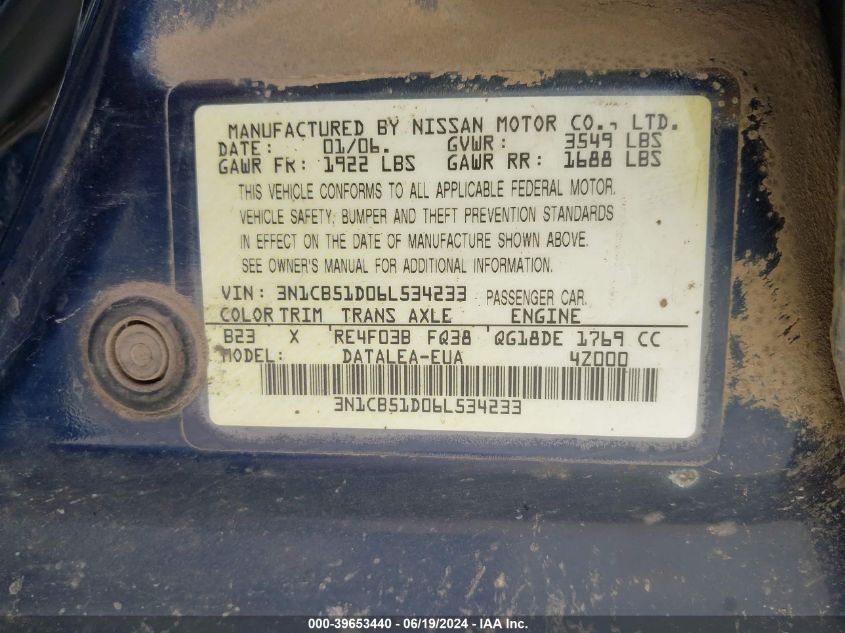 2006 Nissan Sentra 1.8S VIN: 3N1CB51D06L534233 Lot: 39653440