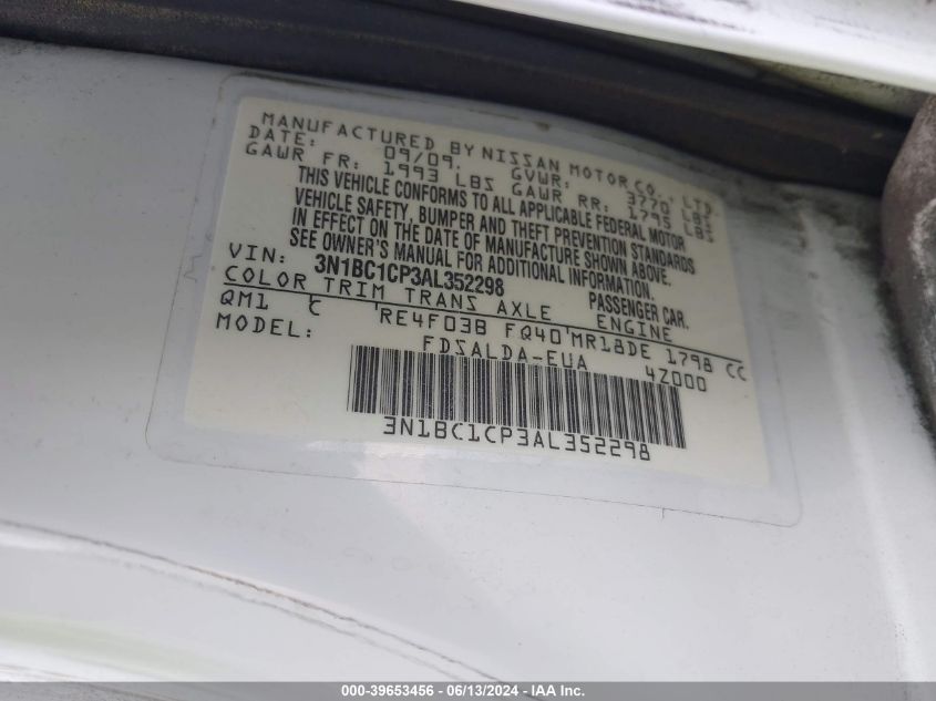 2010 Nissan Versa 1.8S VIN: 3N1BC1CP3AL352298 Lot: 39653456