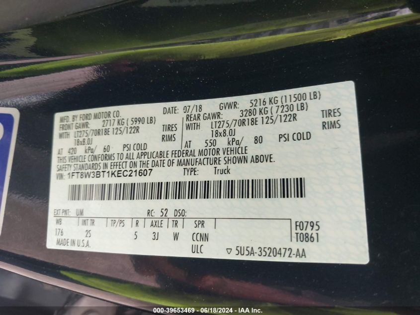 2019 Ford F-350 Xlt VIN: 1FT8W3BT1KEC21607 Lot: 39653469