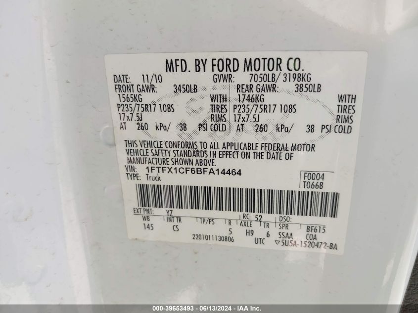 2011 Ford F-150 Xl VIN: 1FTFX1CF6BFA14464 Lot: 39653493