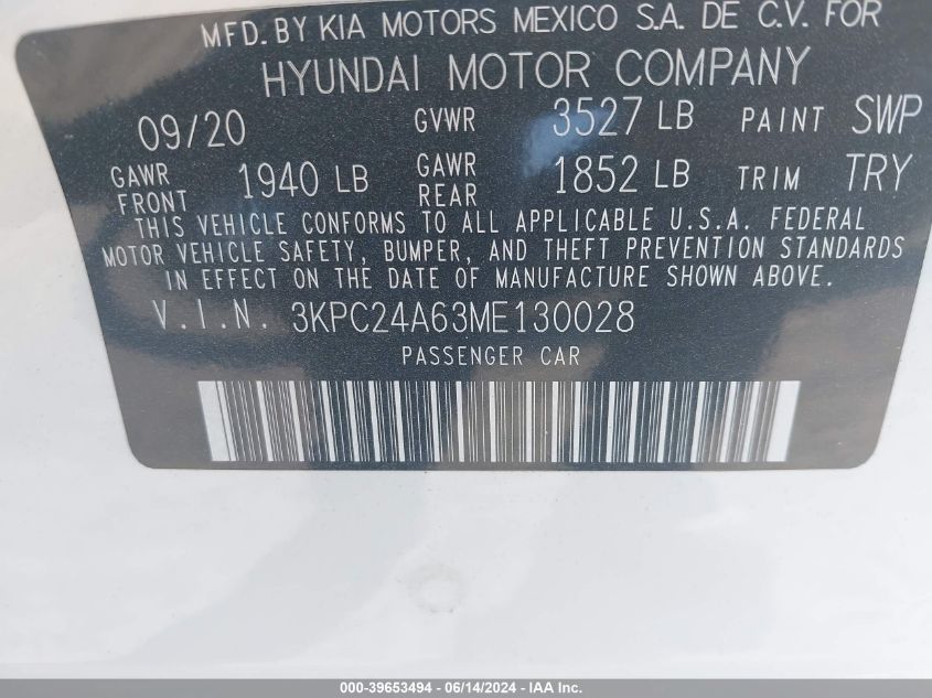 2021 Hyundai Accent Se VIN: 3KPC24A63ME130028 Lot: 39653494