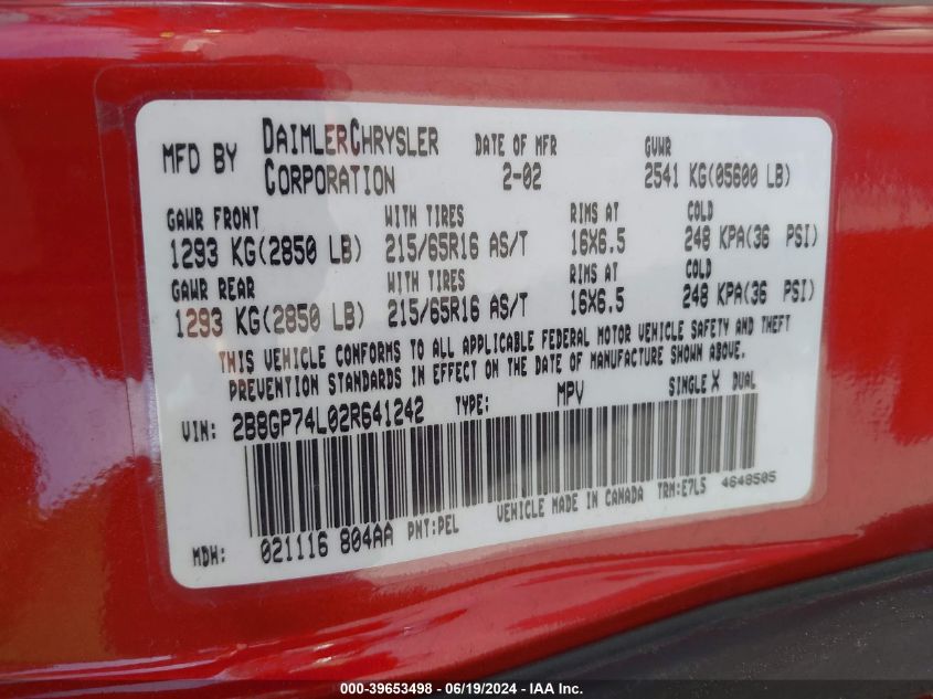 2002 Dodge Grand Caravan Ex VIN: 2B8GP74L02R641242 Lot: 39653498